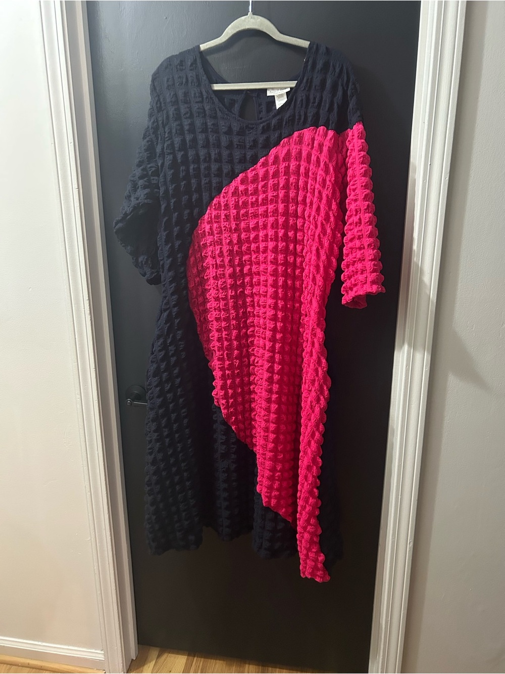 Asymmetric Waffle Knit Midi Dress in Black and Hot Pink
